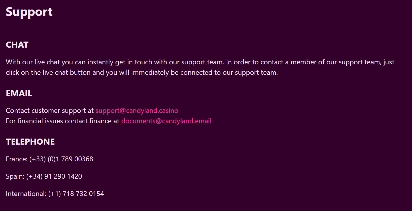 Candyland Casino customer support